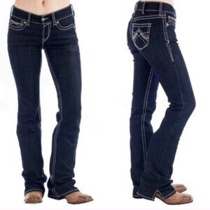 Ariat Eclipse Riding Work Mid Rise Bootcut Ranch Jean 28L Hem Slits Dark Wash